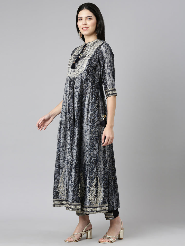 Neerus Blue printed straight kurta set with trouser and dupatta - back view