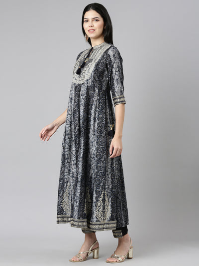 Neerus Navy Blue Regular Straight Printed Kurta And Trousers With Dupatta