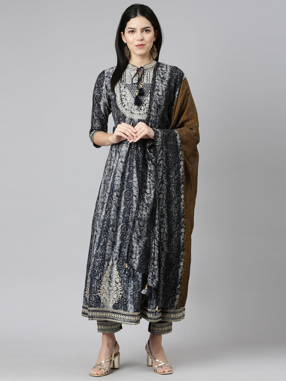 Neerus Navy Blue Regular Straight Printed Kurta And Trousers With Dupatta