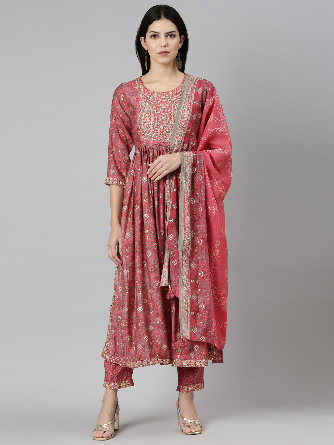 Neerus Pink printed Nyra cut kurta set with dupatta - front view