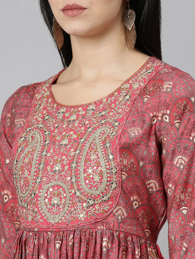 Neerus Coral Pleated Straight Printed Kurta And Trousers With Dupatta