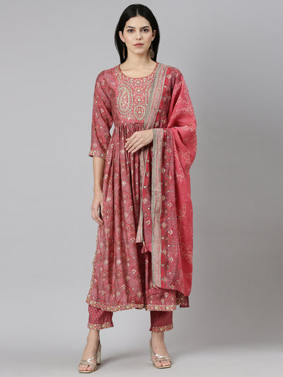 Neerus Coral Pleated Straight Printed Kurta And Trousers With Dupatta