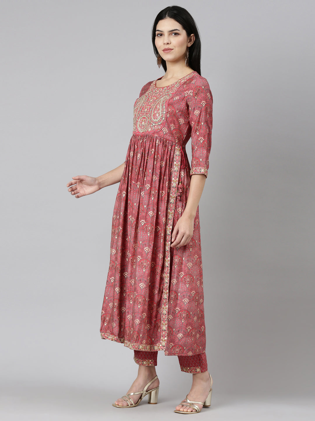 Neerus Pink printed Nyra cut kurta set with dupatta - back view