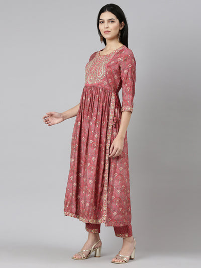Neerus Coral Pleated Straight Printed Kurta And Trousers With Dupatta