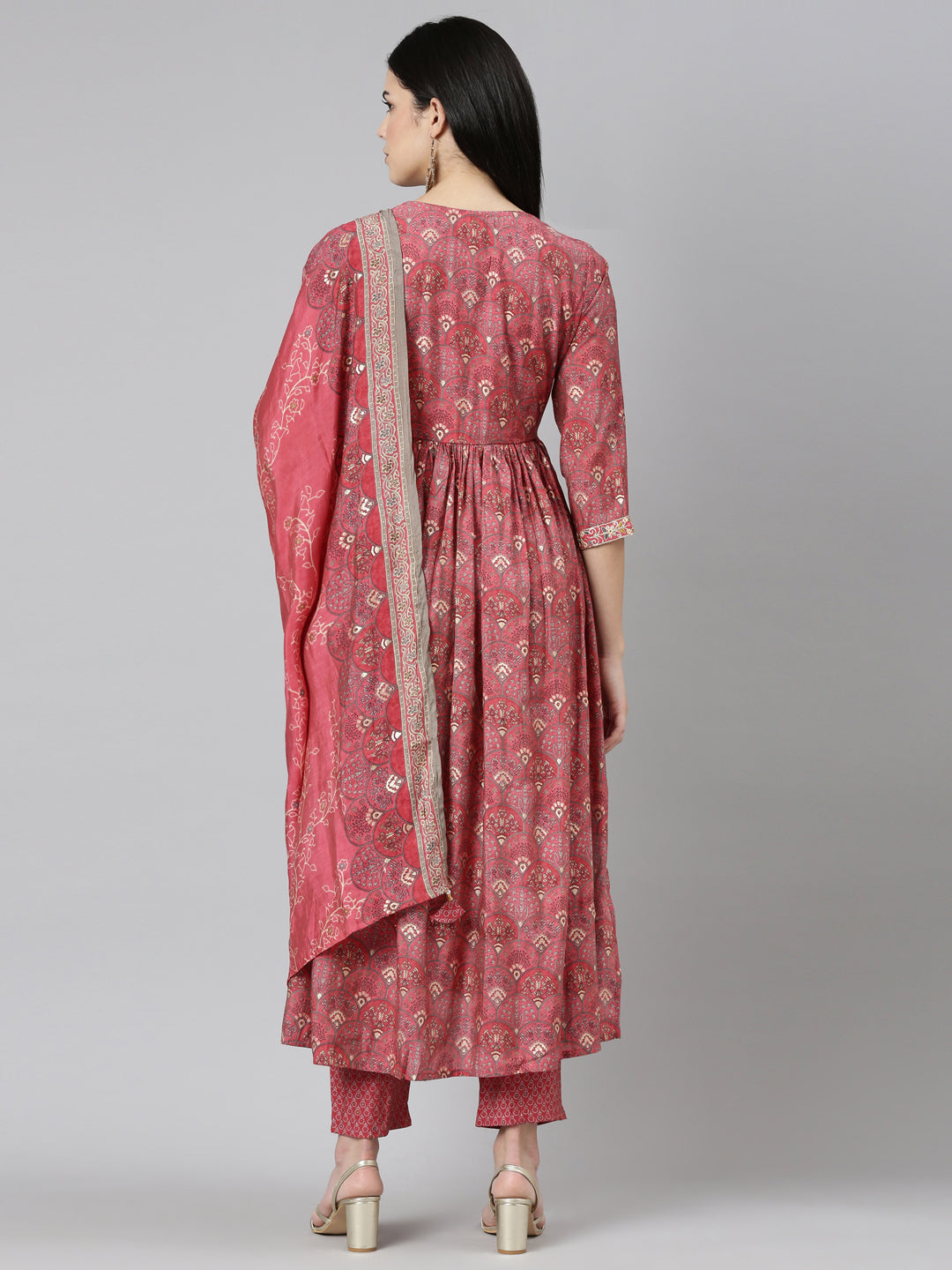 Neerus Coral Pleated Straight Printed Kurta And Trousers With Dupatta