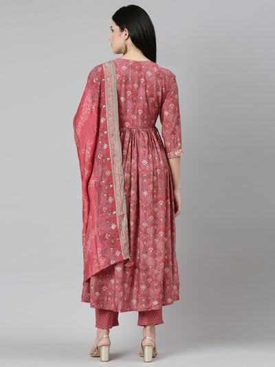 Neerus Coral Pleated Straight Printed Kurta And Trousers With Dupatta