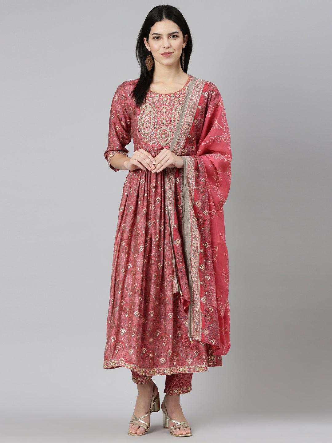 Neerus Coral Pleated Straight Printed Kurta And Trousers With Dupatta
