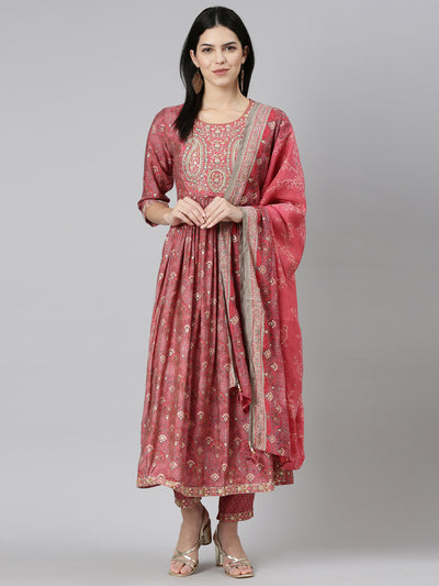 Neerus Coral Pleated Straight Printed Kurta And Trousers With Dupatta