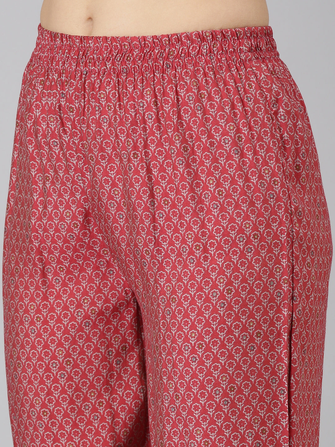 Neerus Coral Pleated Straight Printed Kurta And Trousers With Dupatta