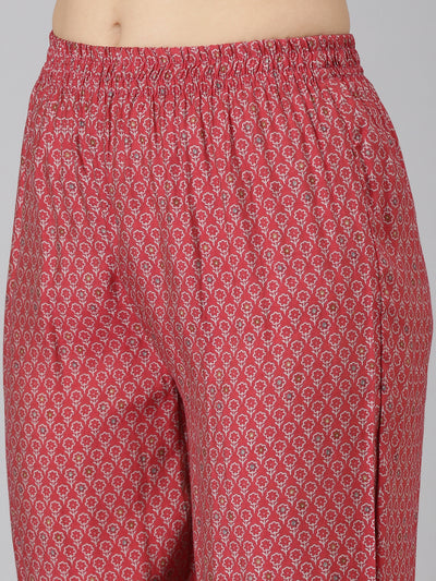 Neerus Coral Pleated Straight Printed Kurta And Trousers With Dupatta