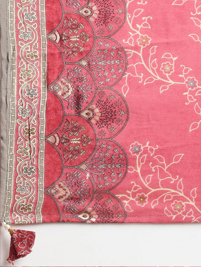 Neerus Coral Pleated Straight Printed Kurta And Trousers With Dupatta