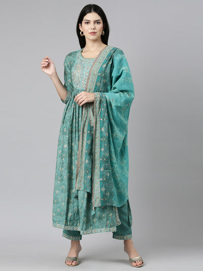 Neerus Green Pleated Straight Printed Kurta And Trousers With Dupatta