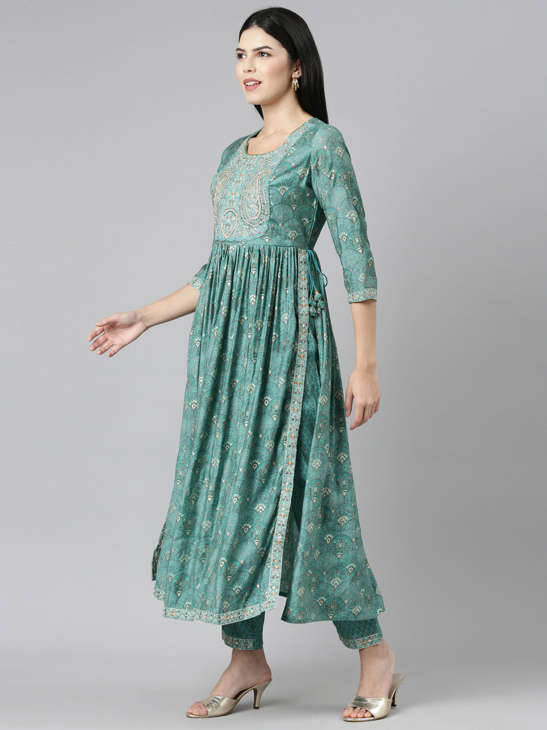 Neerus Green Pleated Straight Printed Kurta And Trousers With Dupatta