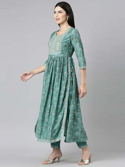 Neerus Green Pleated Straight Printed Kurta And Trousers With Dupatta