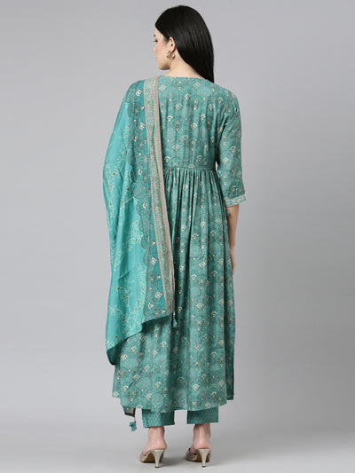 Neerus Green Pleated Straight Printed Kurta And Trousers With Dupatta