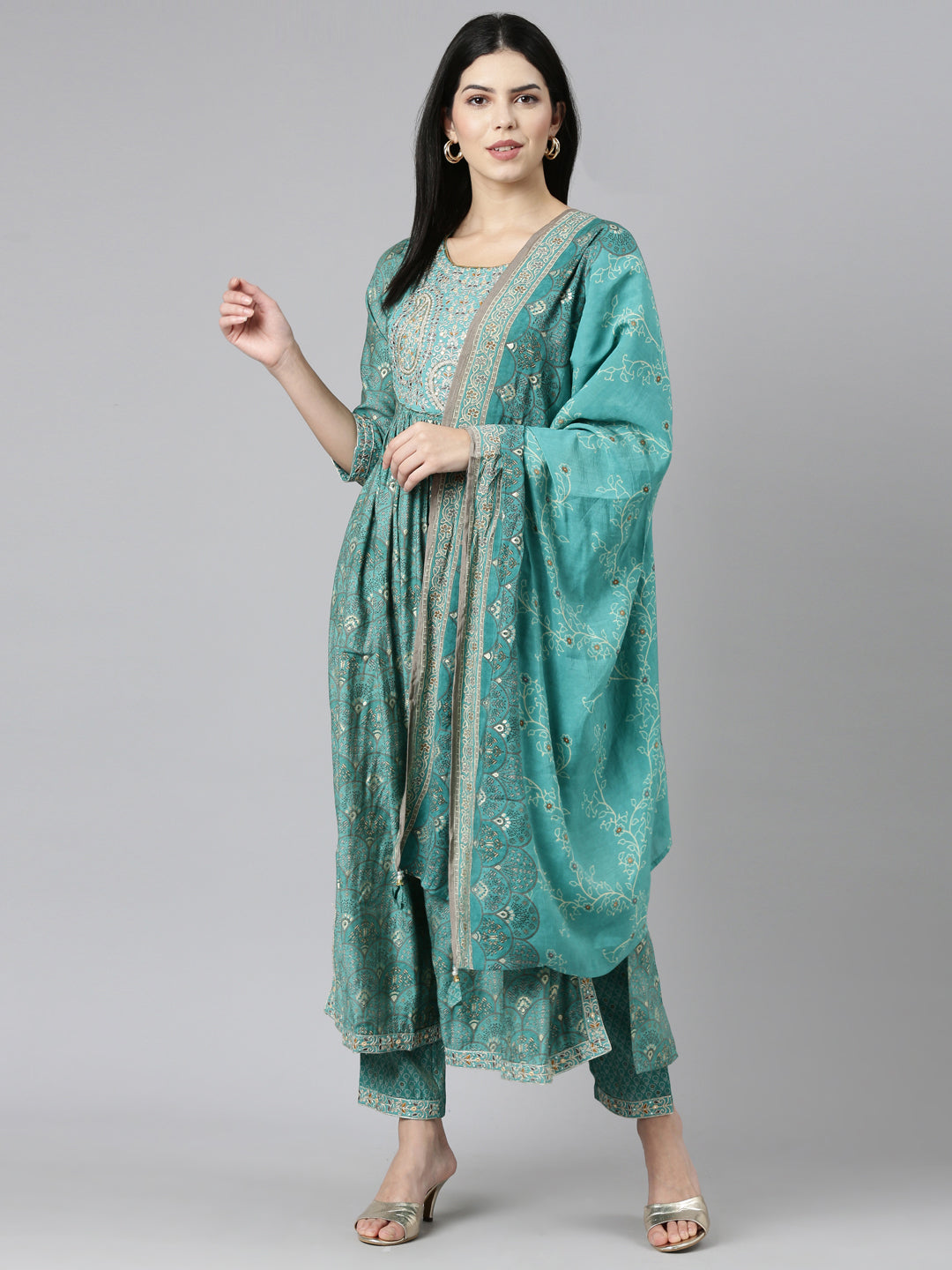 Neerus Green Pleated Straight Printed Kurta And Trousers With Dupatta