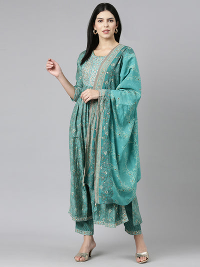 Neerus Green Pleated Straight Printed Kurta And Trousers With Dupatta