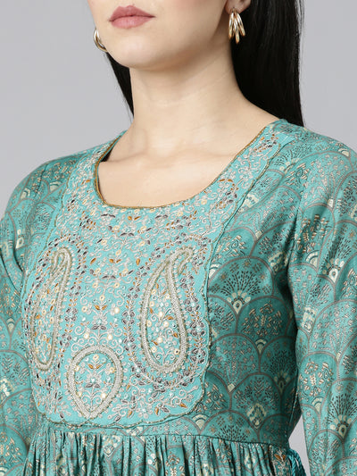Neerus Green Pleated Straight Printed Kurta And Trousers With Dupatta