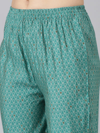 Neerus Green Pleated Straight Printed Kurta And Trousers With Dupatta