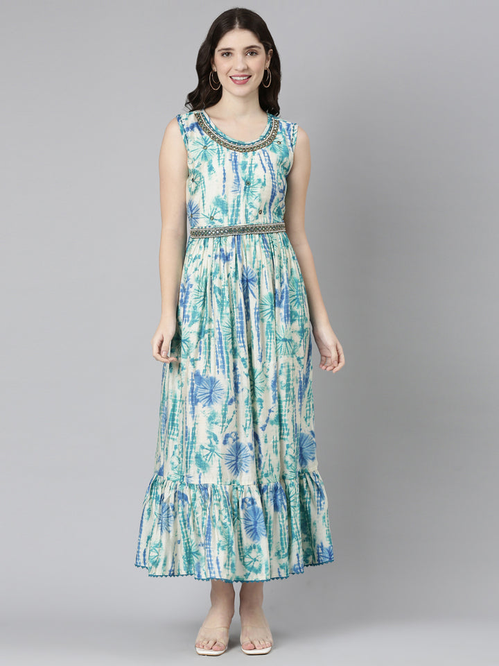 Neerus Green printed straight casual dress - front view