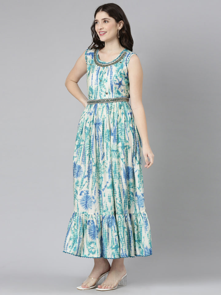 Neerus Green printed straight casual dress - back view
