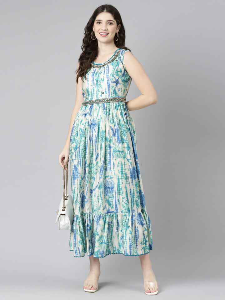 Neerus Green printed straight casual dress - detail view 2