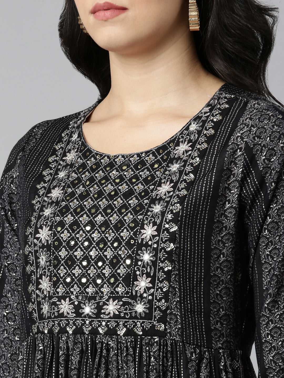 Neeru's Black Pleated Straight Printed Readymade Suits