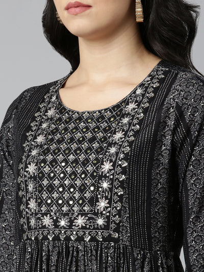 Neeru's Black Pleated Straight Printed Readymade Suits