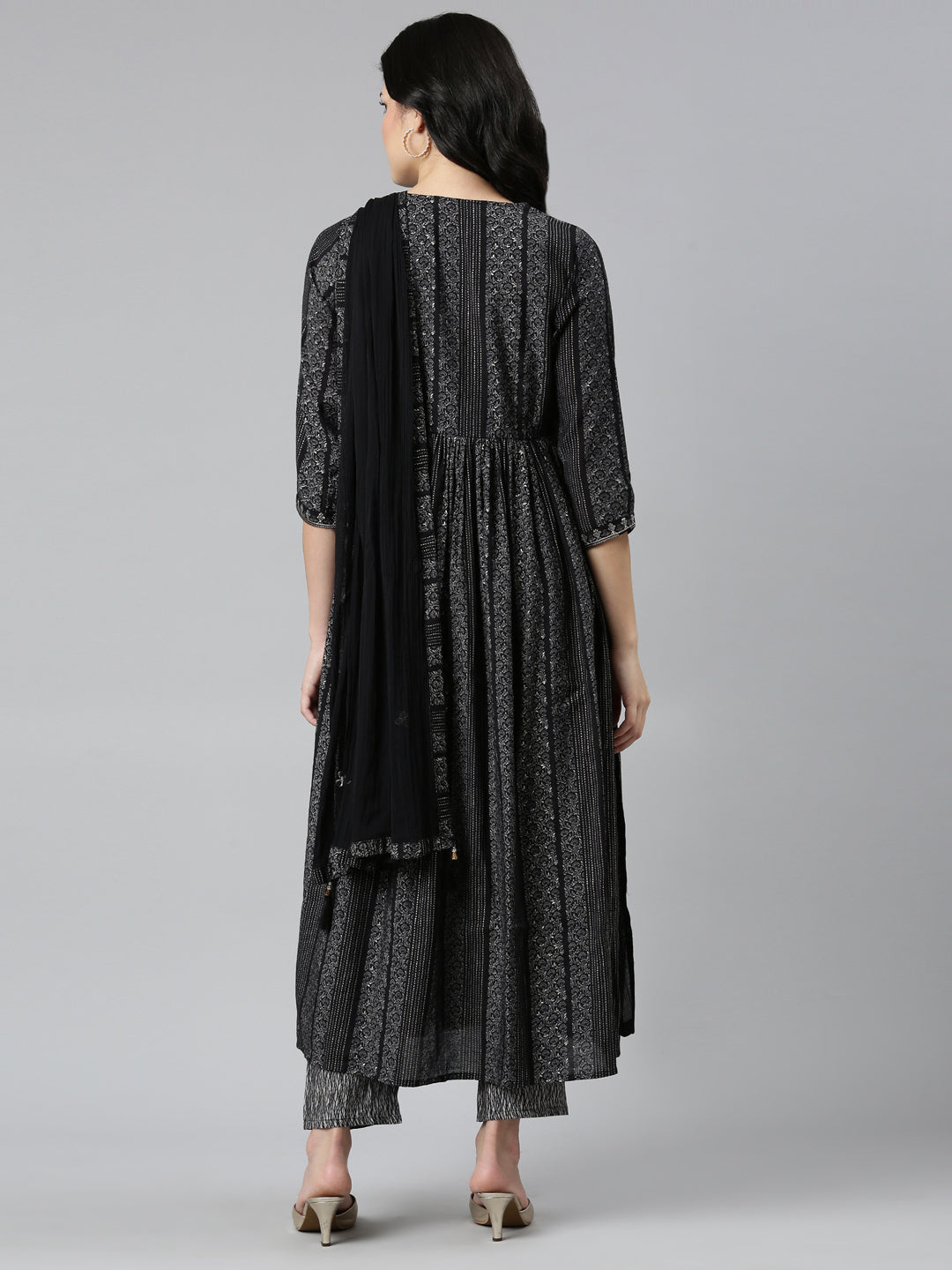 Neeru's Black Pleated Straight Printed Readymade Suits