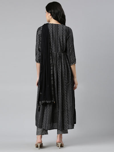 Neeru's Black Pleated Straight Printed Readymade Suits