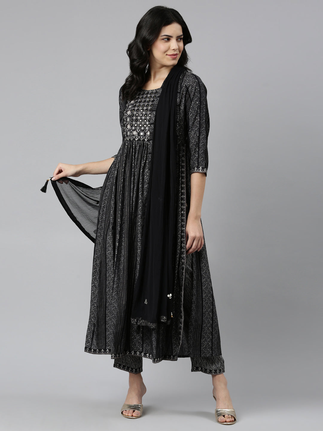 Neeru's Black Pleated Straight Printed Readymade Suits