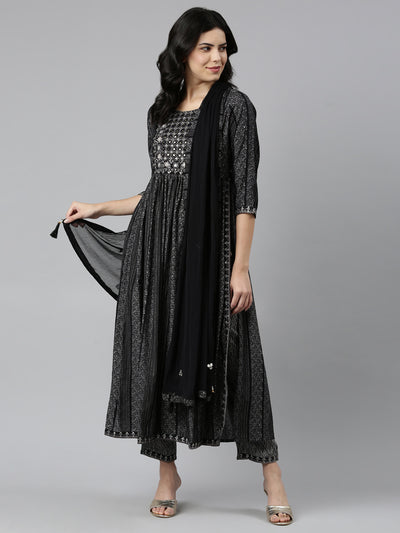 Neeru's Black Pleated Straight Printed Readymade Suits