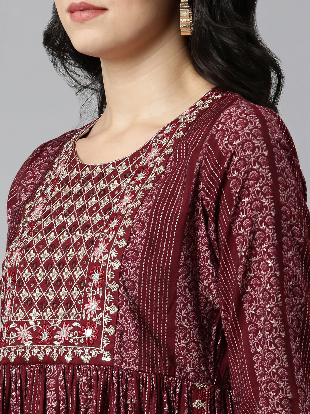 Neerus Maroon printed Nyra cut kurta set - detail view 1