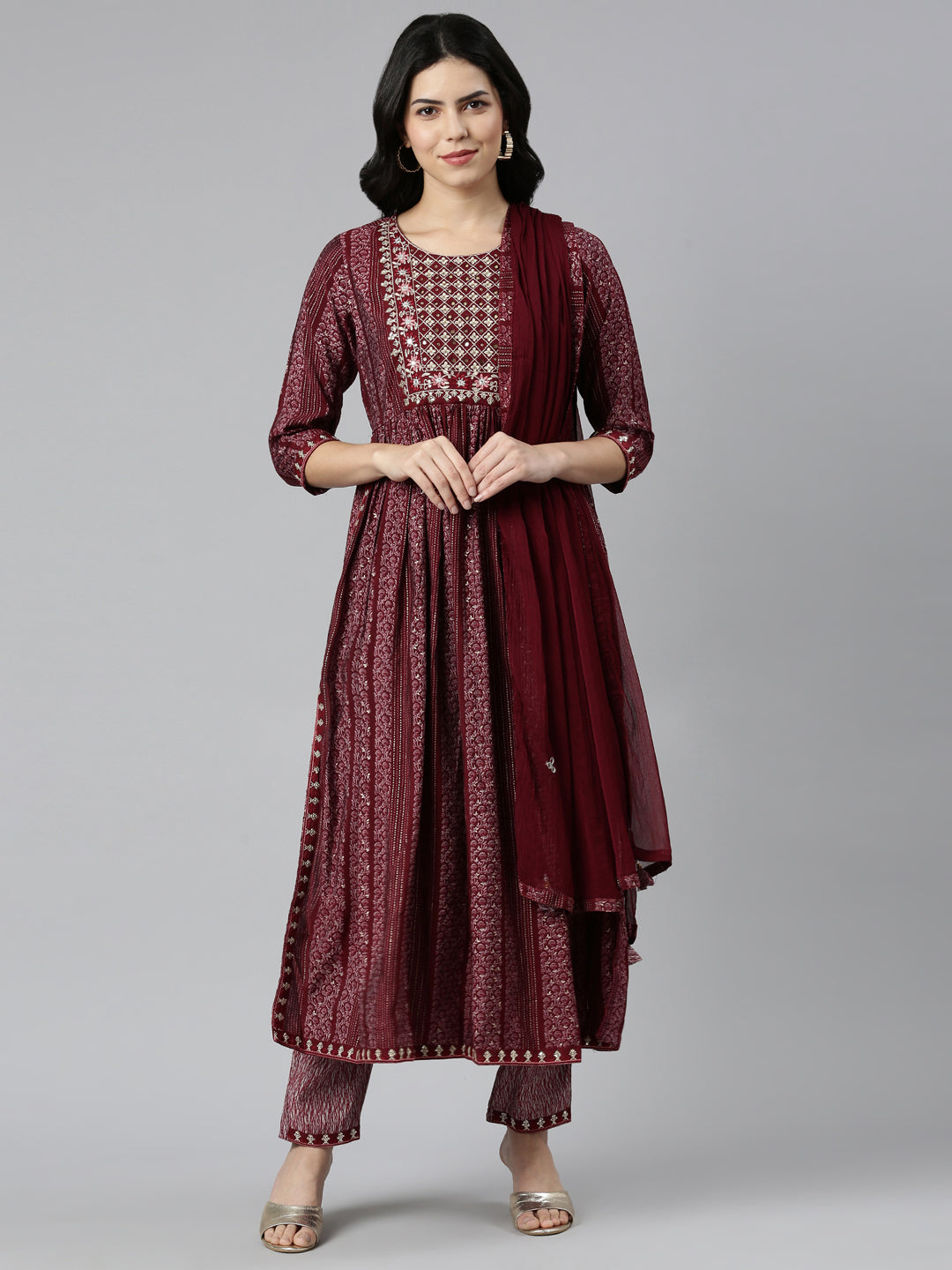 Neerus Maroon printed Nyra cut kurta set - front view