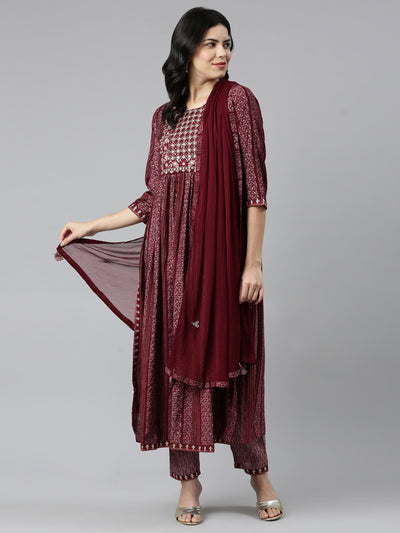 Neeru's Maroon Pleated Straight Printed Readymade suits