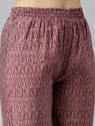 Neerus Maroon Pleated Straight Printed Kurta And Trousers With Dupatta