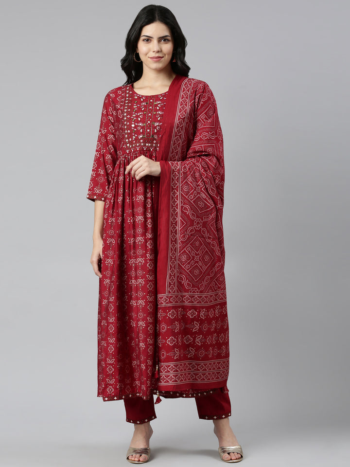 Neerus Maroon printed Nyra cut kurta set - front view