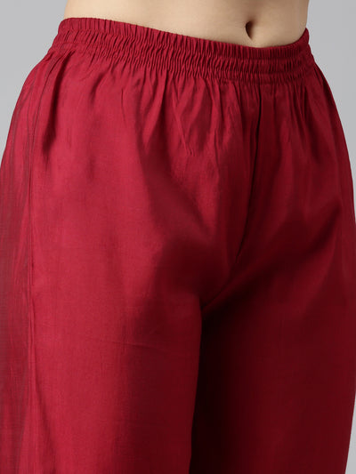 Neerus Maroon Pleated Straight Printed Kurta And Trousers With Dupatta