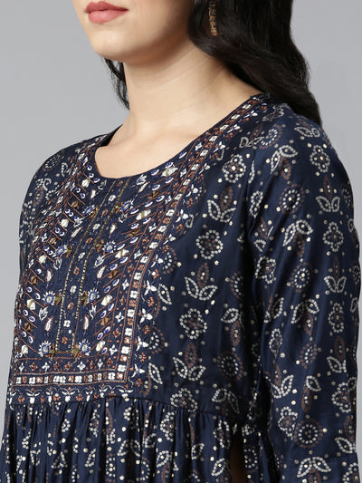 Neerus Navy Blue Pleated Straight Printed Kurta And Trousers With Dupatta