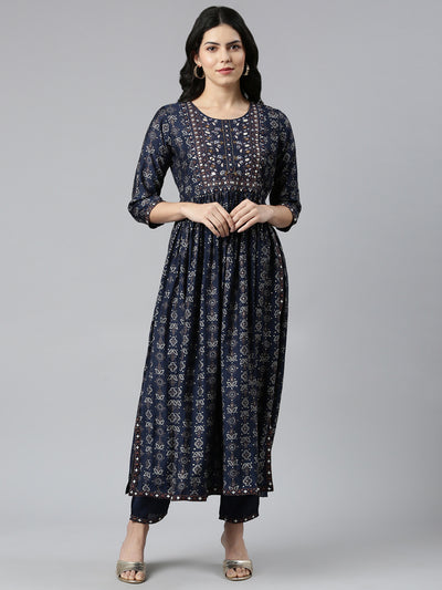 Neerus Navy Blue Pleated Straight Printed Kurta And Trousers With Dupatta
