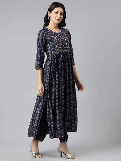 Neerus Navy Blue Pleated Straight Printed Kurta And Trousers With Dupatta