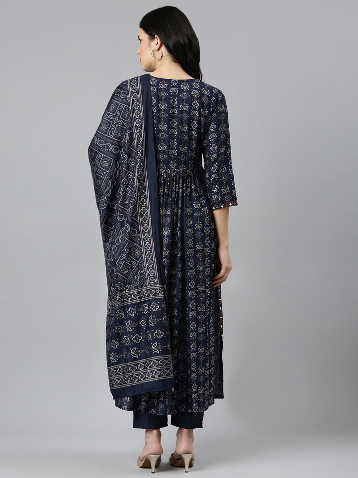 Neerus Navy Blue Pleated Straight Printed Readymade suits