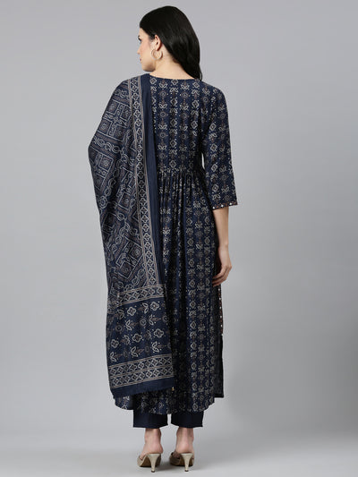 Neerus Navy Blue Pleated Straight Printed Kurta And Trousers With Dupatta