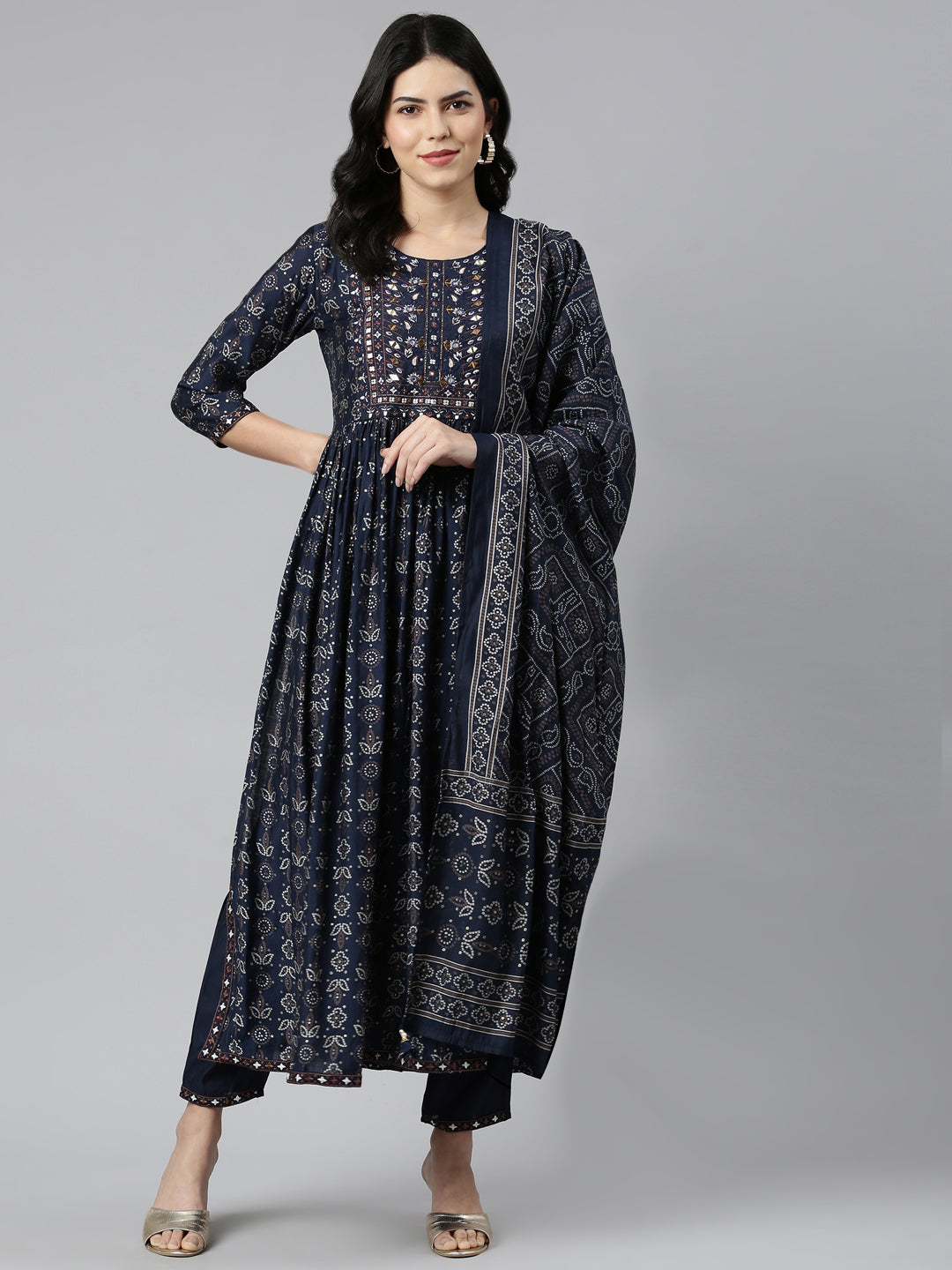 Neerus Navy Blue Pleated Straight Printed Kurta And Trousers With Dupatta