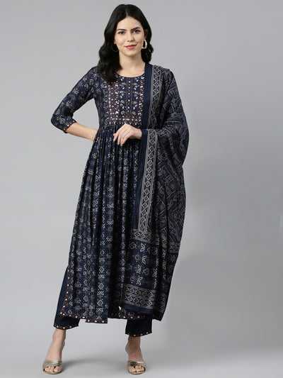 Neerus Navy Blue Pleated Straight Printed Kurta And Trousers With Dupatta