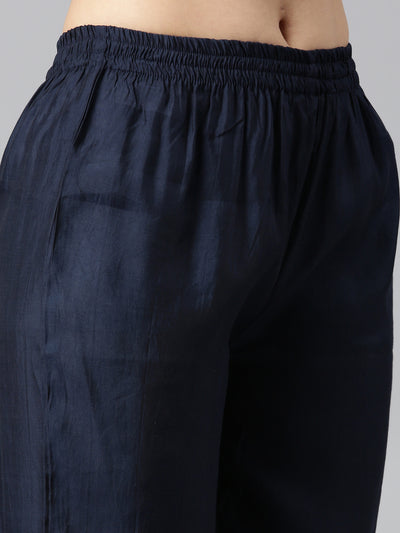 Neerus Navy Blue Pleated Straight Printed Kurta And Trousers With Dupatta