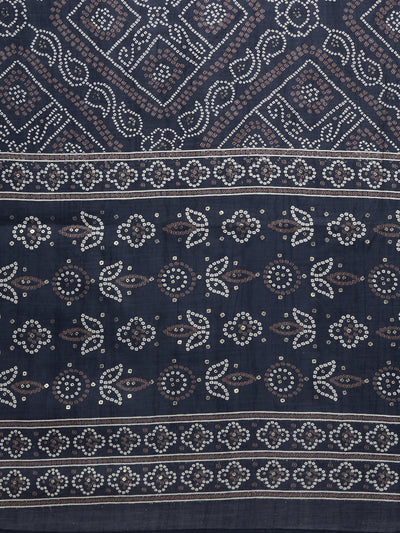 Neerus Navy Blue Pleated Straight Printed Kurta And Trousers With Dupatta