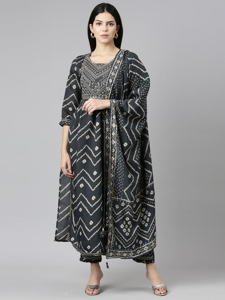 Neerus Grey Pleated Straight Printed Kurta And Trousers With Dupatta