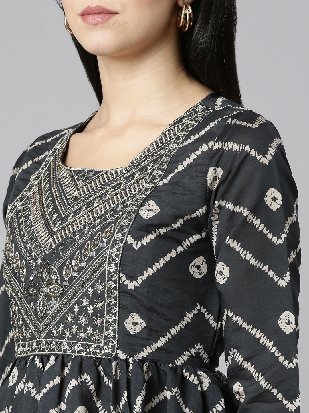 Neerus Grey Pleated Straight Printed Kurta And Trousers With Dupatta