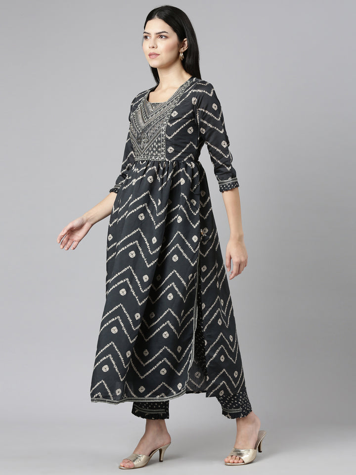Neerus Grey Pleated Straight Printed Kurta And Trousers With Dupatta